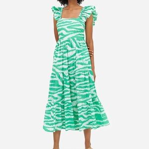 Oliphant Green and White Ruffle Sleeve Dress